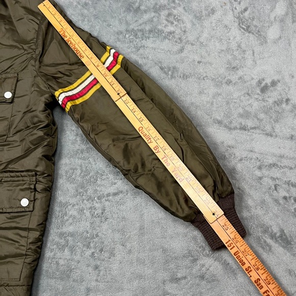 Vintage 70s 80s Olive Green Lined Bomber Jacket Hidden Hood Sportswear Men's Lrg - Picture 13 of 16